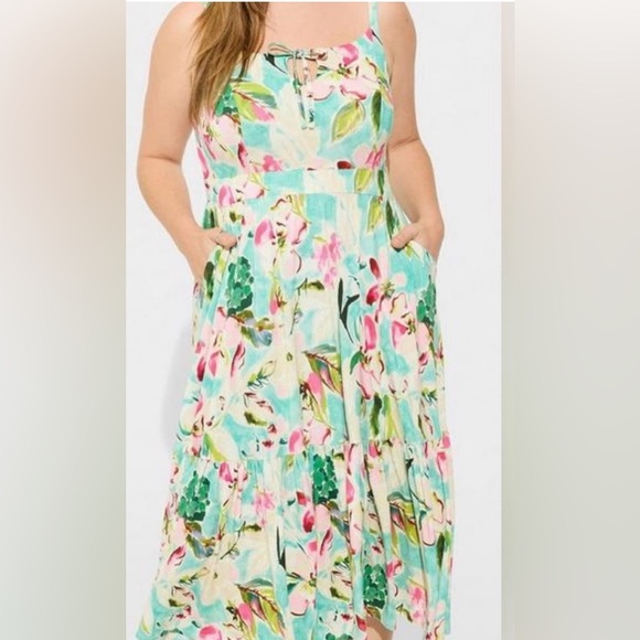 Torrid Midi Super Soft Tie Front Floral Sleeveless Dress - Picture 3 of 11